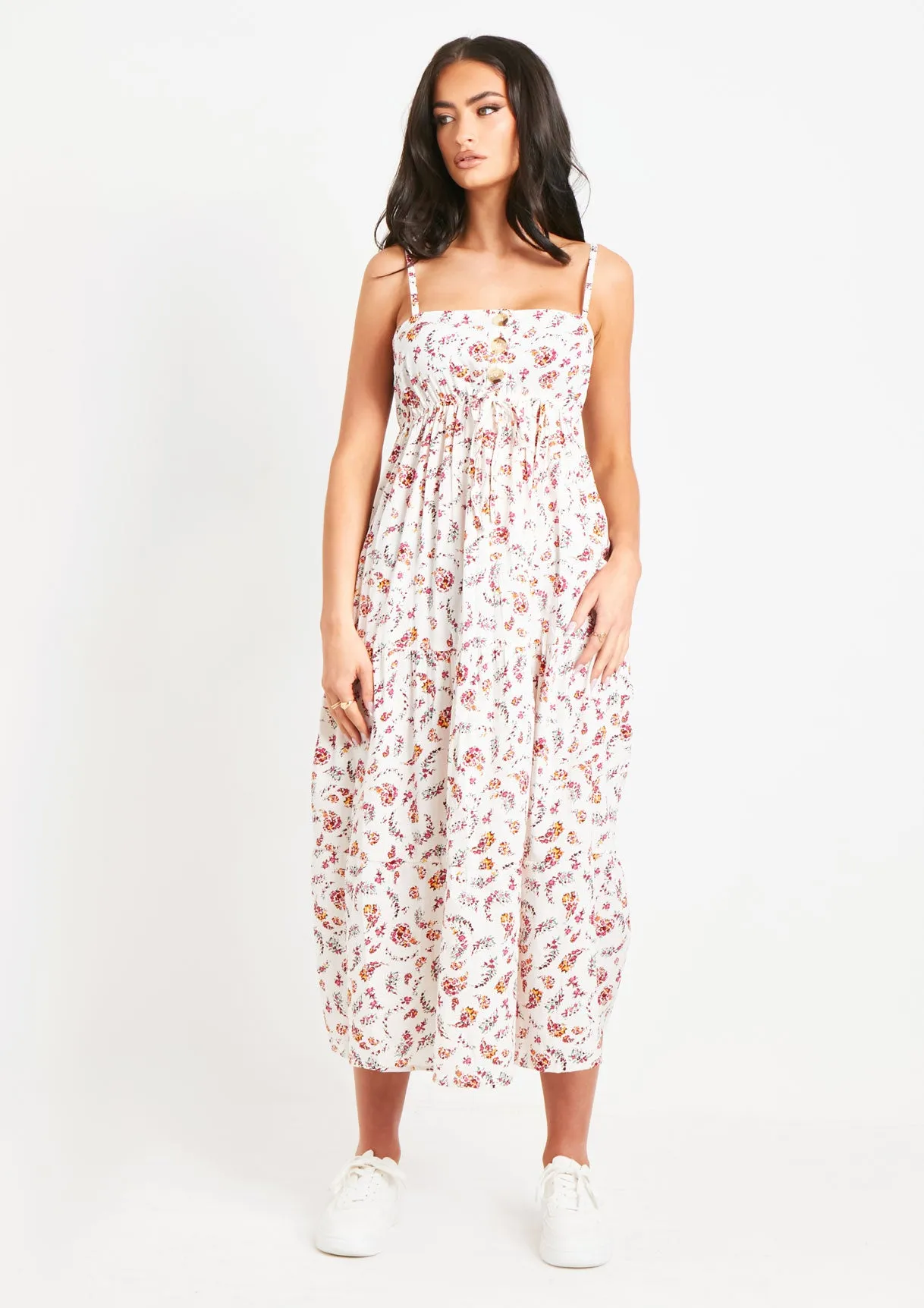 Brydie White Floral Printed Midi Dress