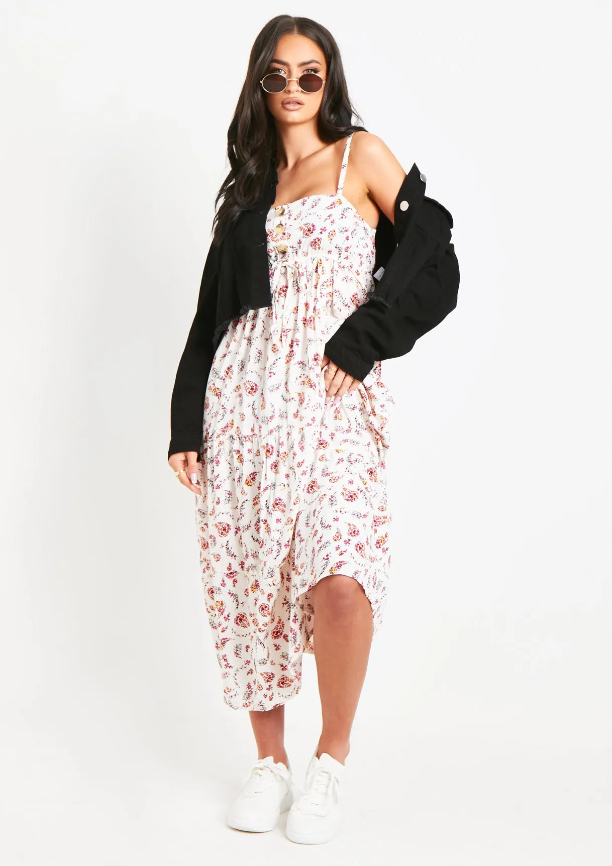 Brydie White Floral Printed Midi Dress