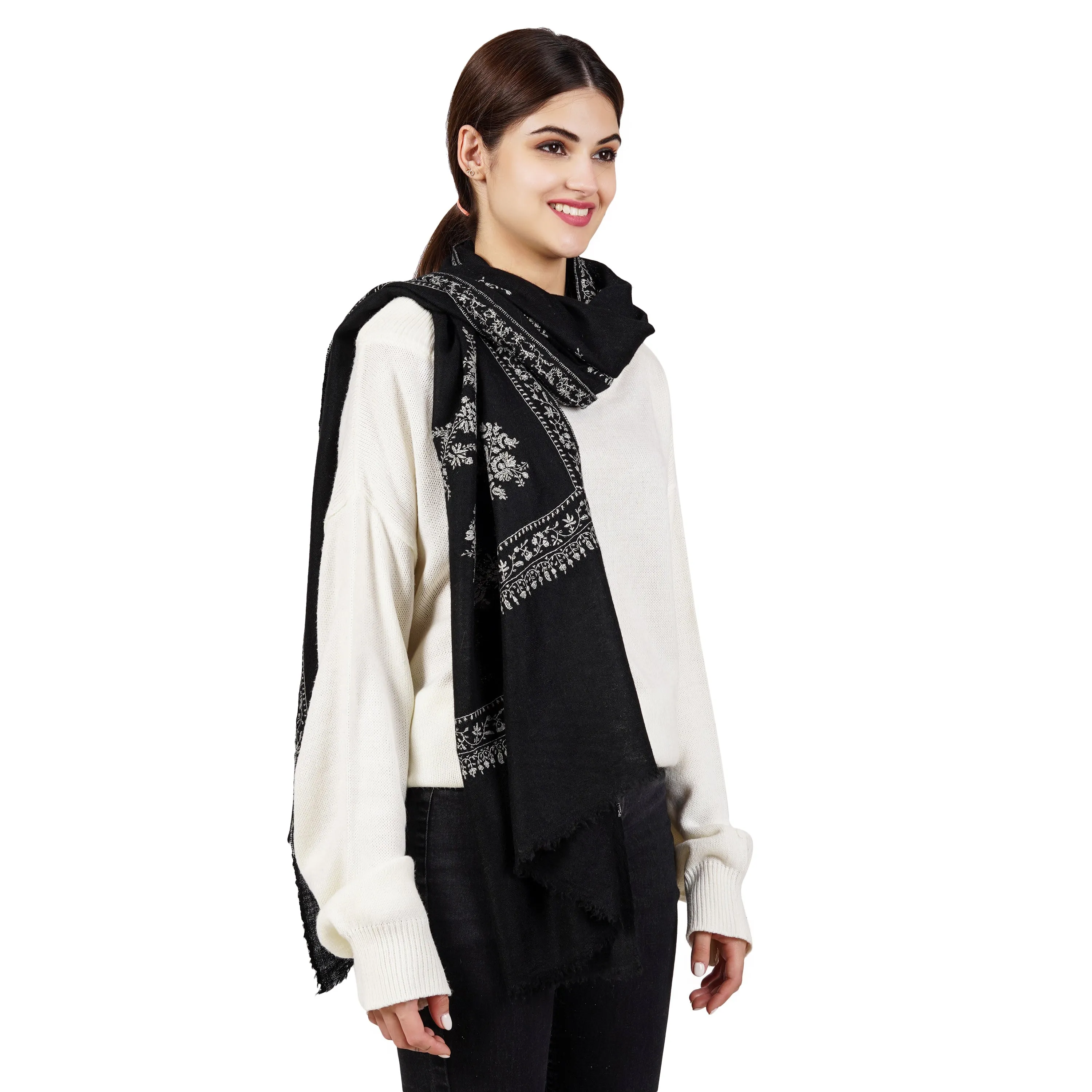 Cashmere Pashmina Embroidered Scarf (Black)