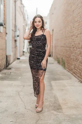 Cheetah Print Ruched Mesh Asymmetrical Midi Dress