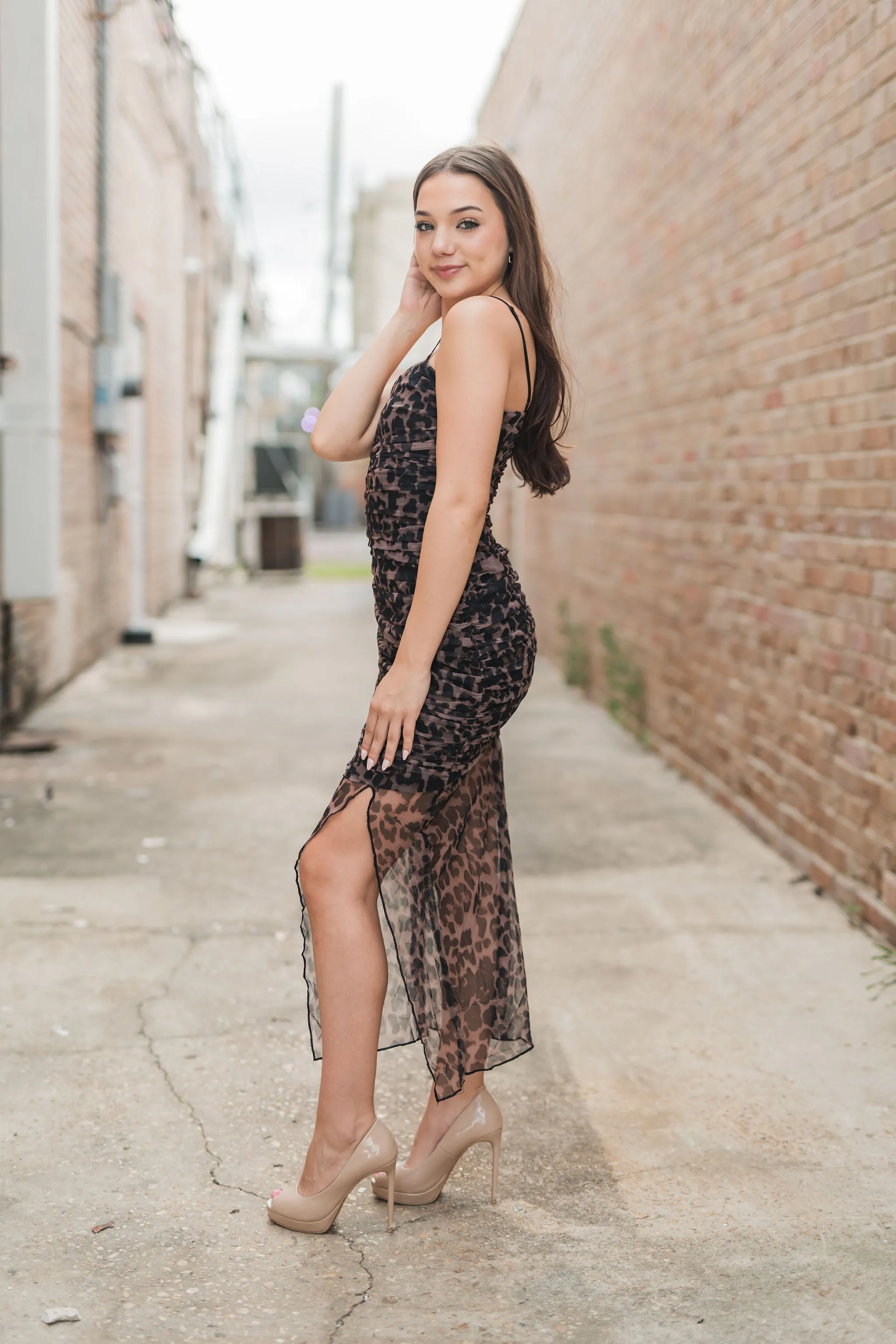 Cheetah Print Ruched Mesh Asymmetrical Midi Dress
