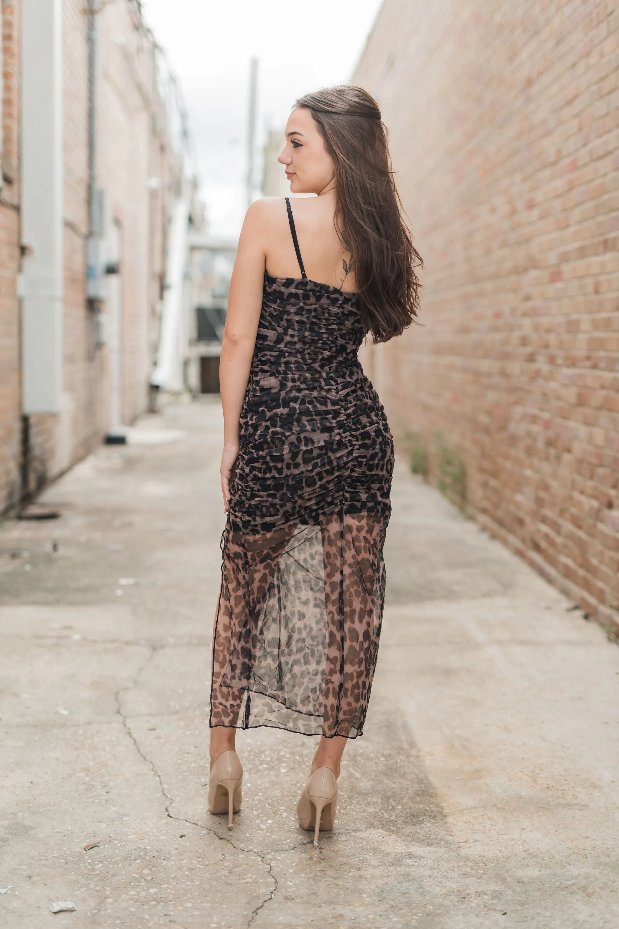 Cheetah Print Ruched Mesh Asymmetrical Midi Dress