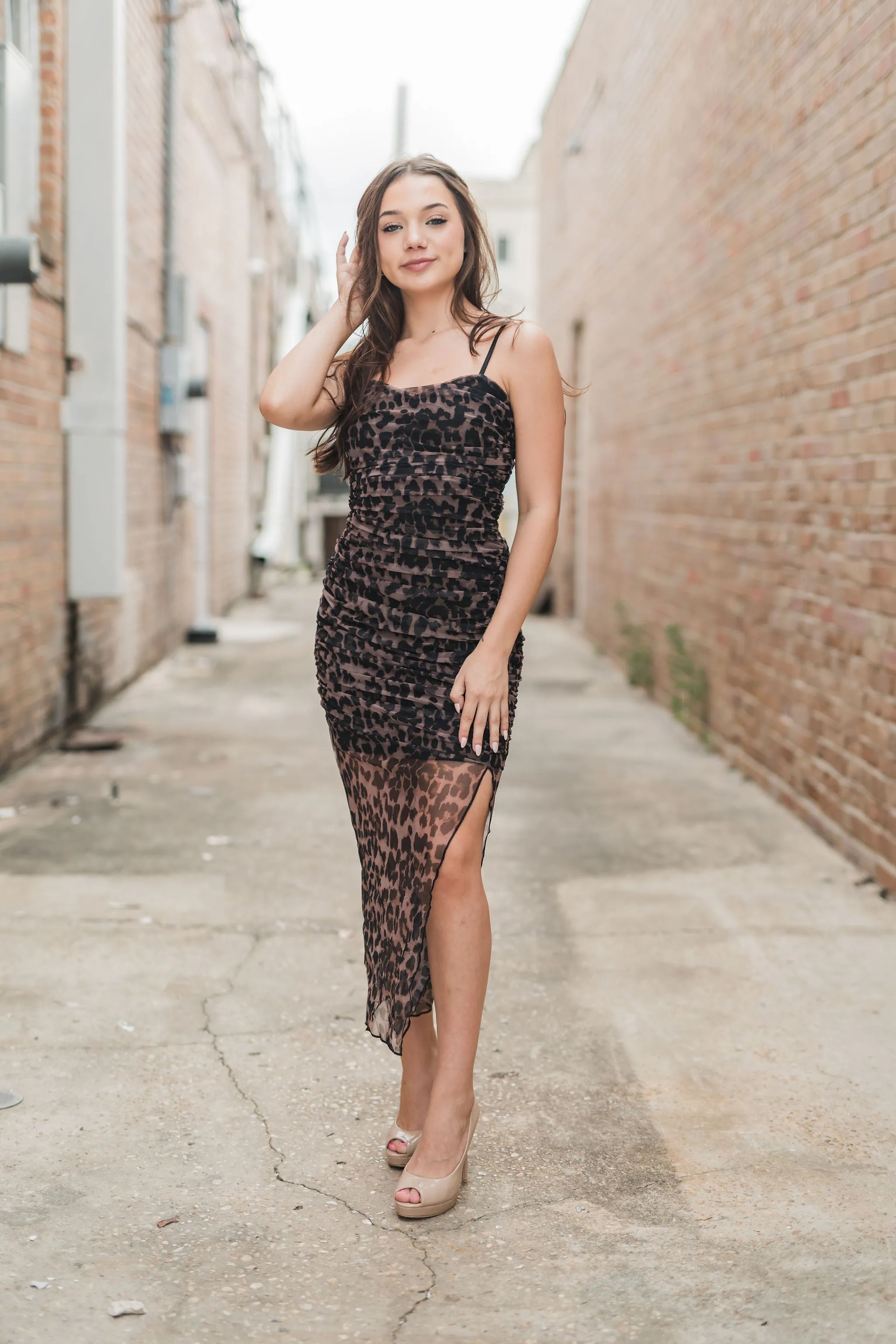 Cheetah Print Ruched Mesh Asymmetrical Midi Dress