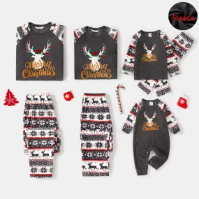 Christmas Family Matching Deer & Letter Embroidered Raglan-sleeve Thickened Polar Fleece Pajamas Sets (Flame Resistant)