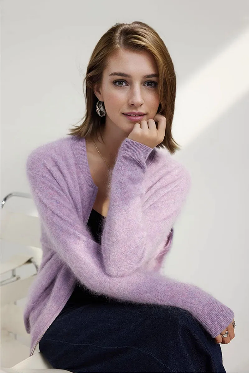 Chunky Brushed Cashmere Full-Zip Bomber Cardigan