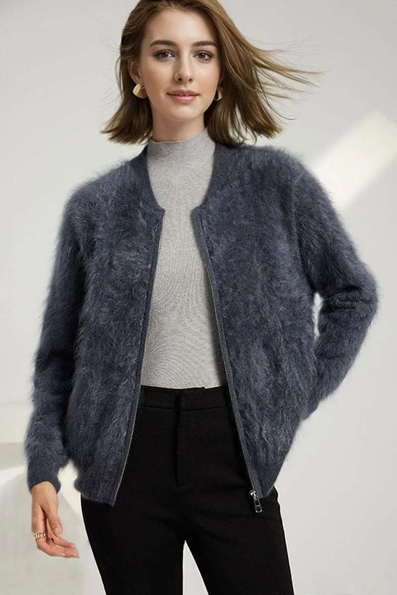 Chunky Brushed Cashmere Full-Zip Bomber Cardigan