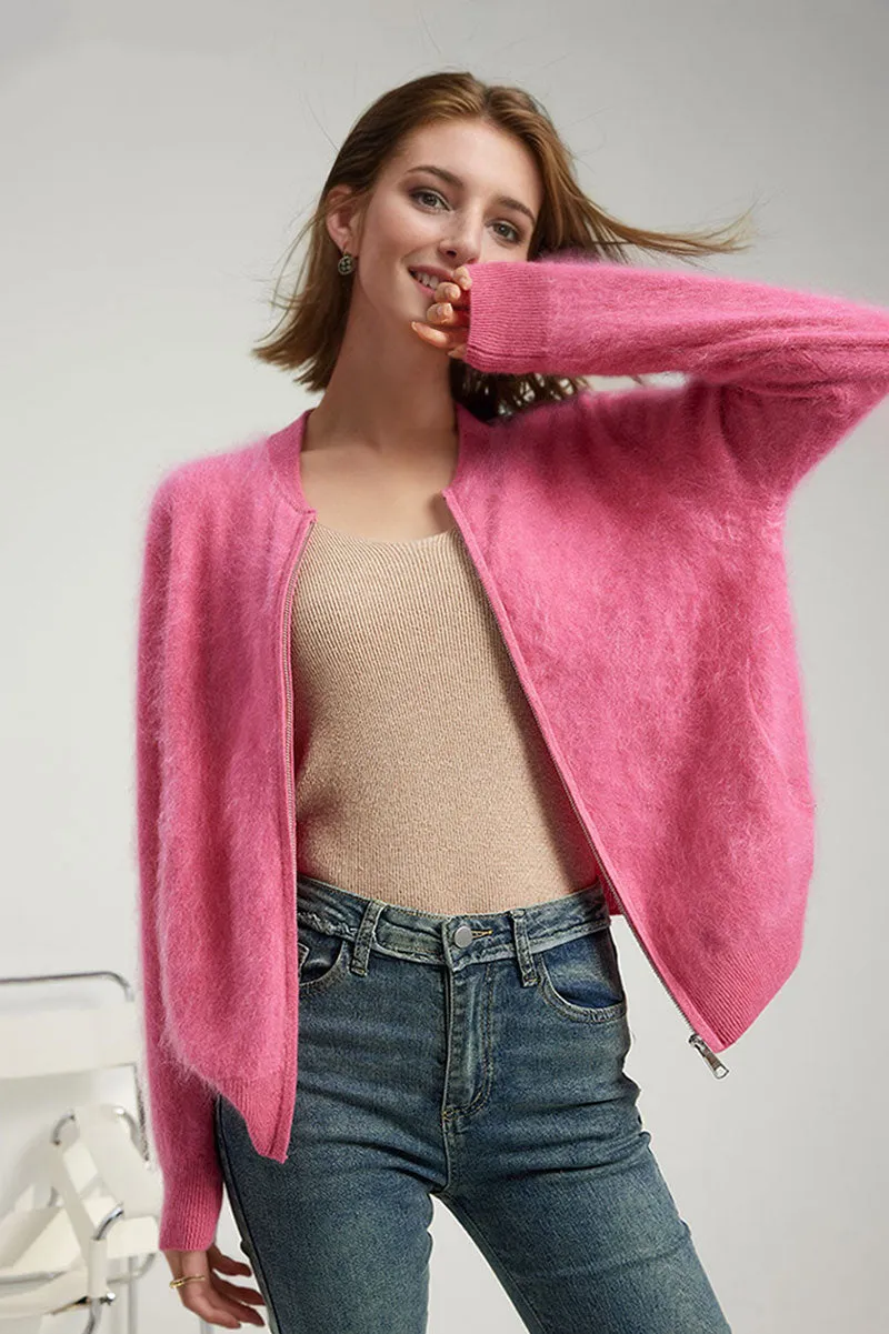 Chunky Brushed Cashmere Full-Zip Bomber Cardigan