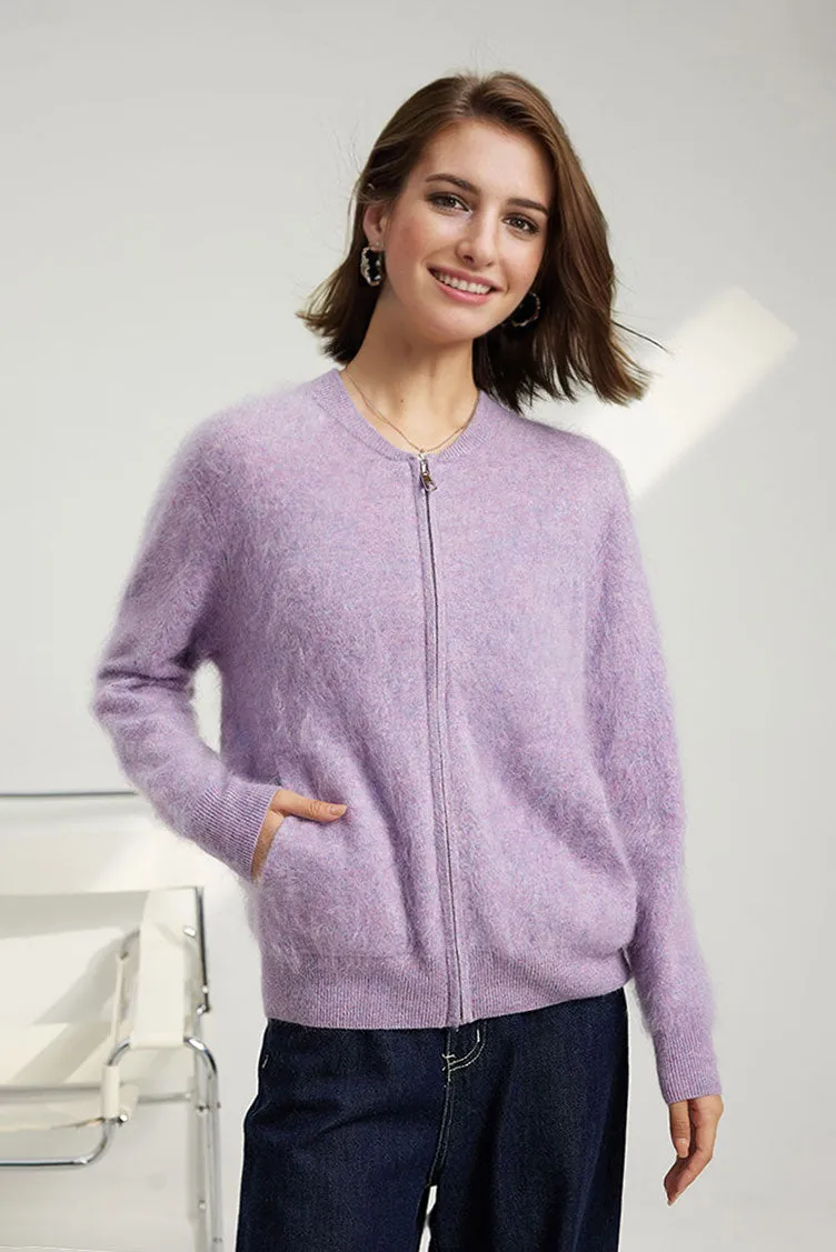 Chunky Brushed Cashmere Full-Zip Bomber Cardigan