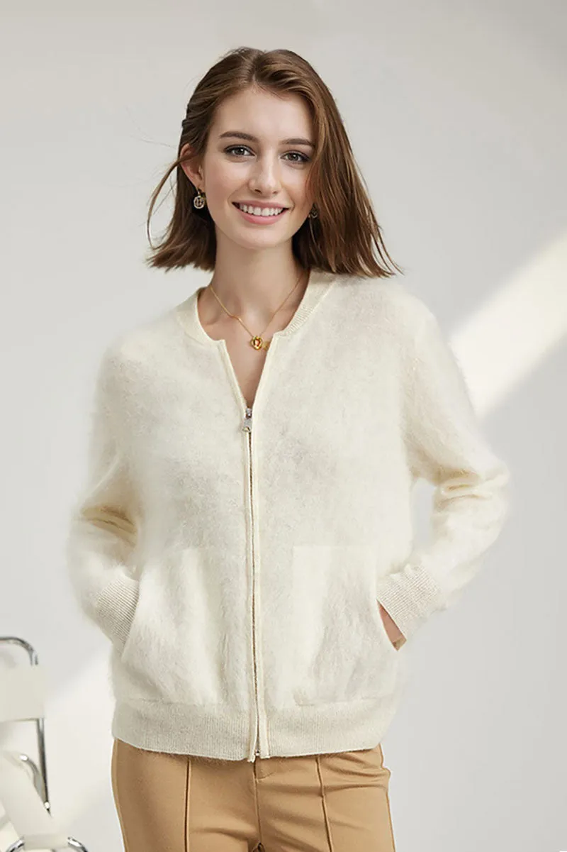 Chunky Brushed Cashmere Full-Zip Bomber Cardigan