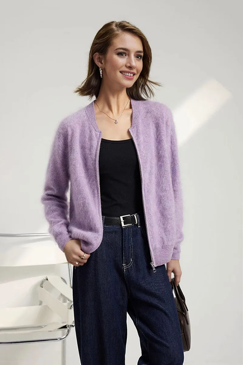 Chunky Brushed Cashmere Full-Zip Bomber Cardigan