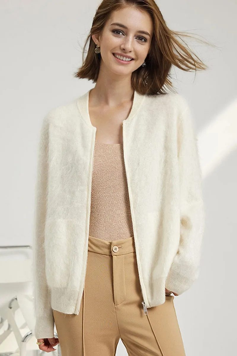 Chunky Brushed Cashmere Full-Zip Bomber Cardigan
