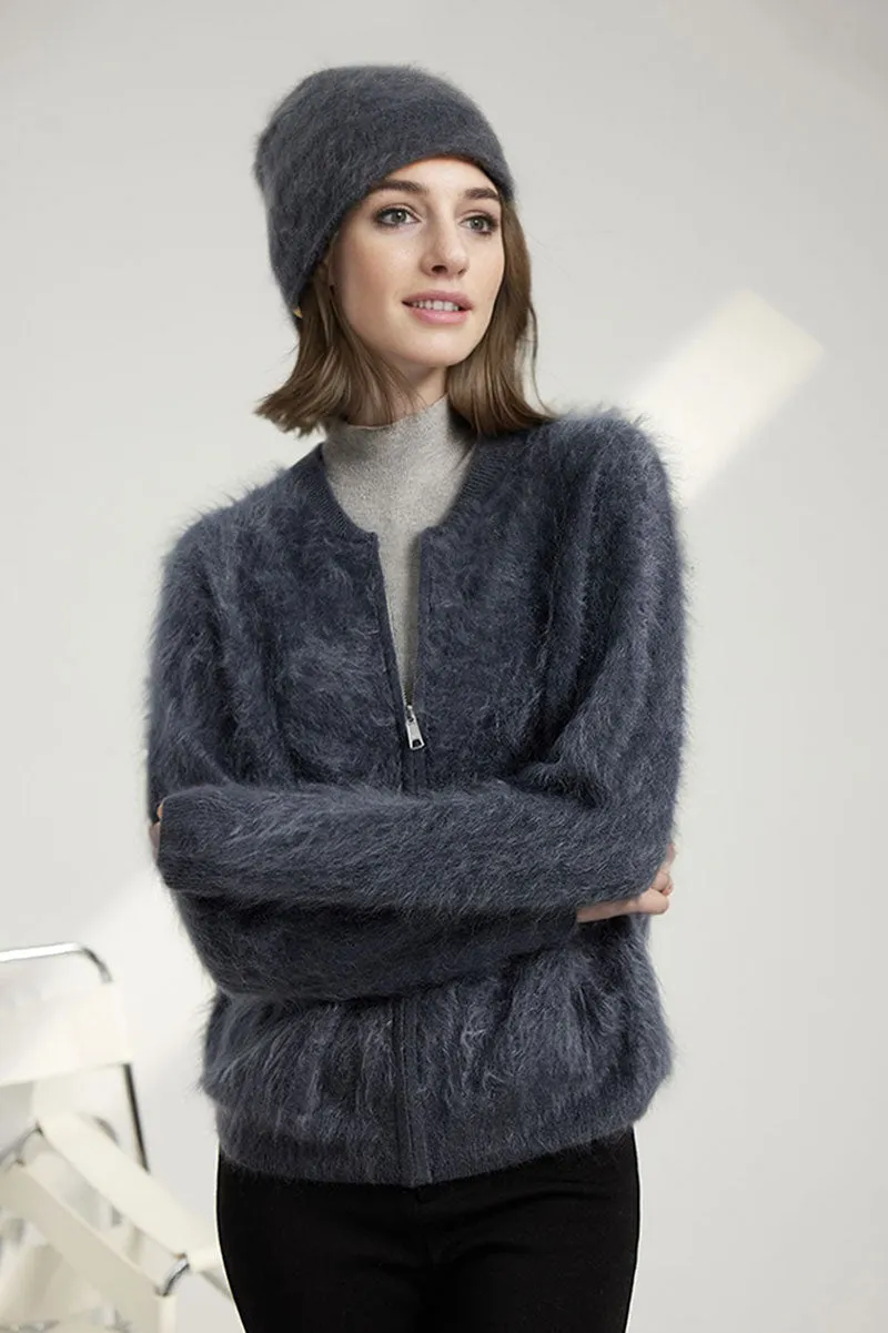 Chunky Brushed Cashmere Full-Zip Bomber Cardigan