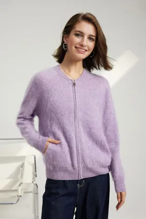 Chunky Brushed Cashmere Full-Zip Bomber Cardigan
