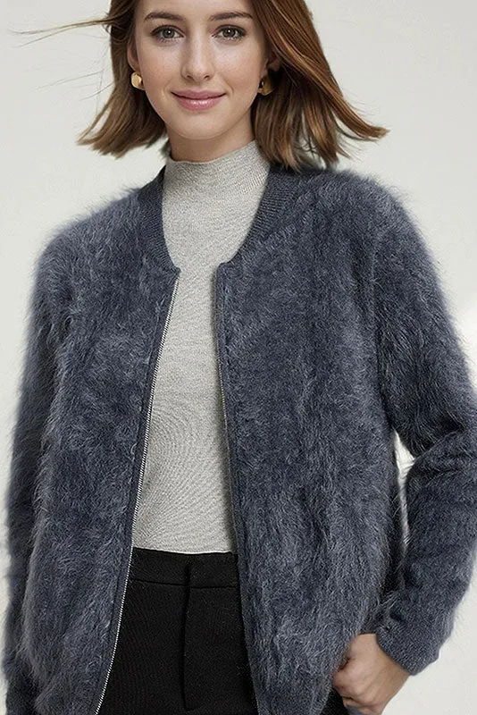 Chunky Brushed Cashmere Full-Zip Bomber Cardigan