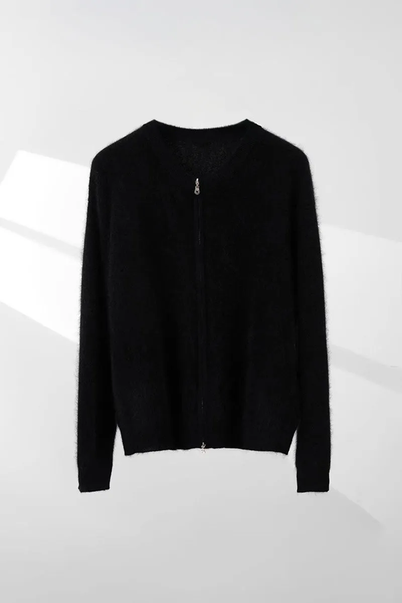 Chunky Brushed Cashmere Full-Zip Bomber Cardigan