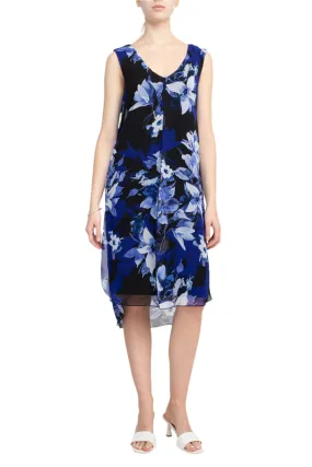 Connected Apparel V-Neck Sleeveless Floral Print Chiffon Overlay Slit Side Dress