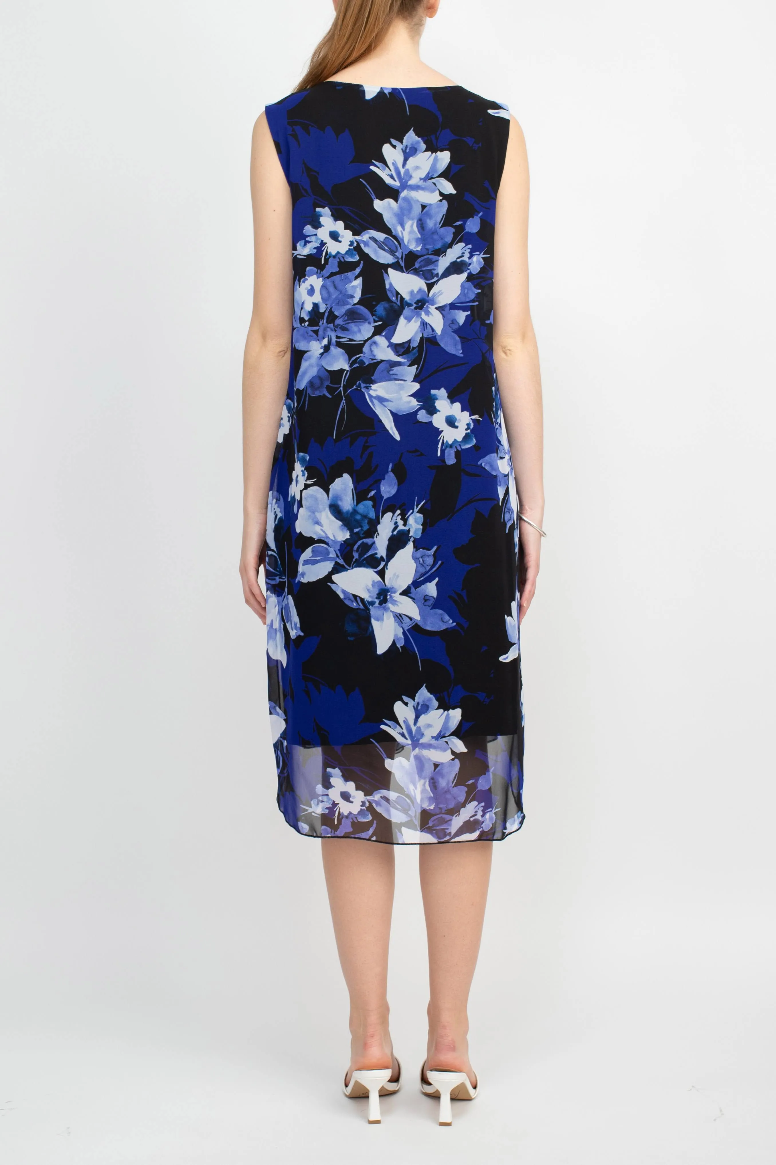 Connected Apparel V-Neck Sleeveless Floral Print Chiffon Overlay Slit Side Dress
