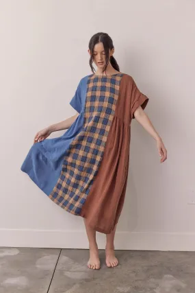 Contrast Midi Dress in Blue and Brown
