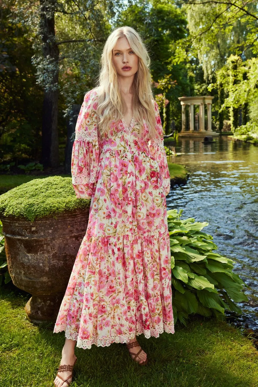 Cotton Slub Button Down Dress in Daisy Garden