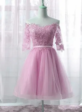 Cute Pink Knee Length Short Sleeves Party Dress, Tulle Prom Dress