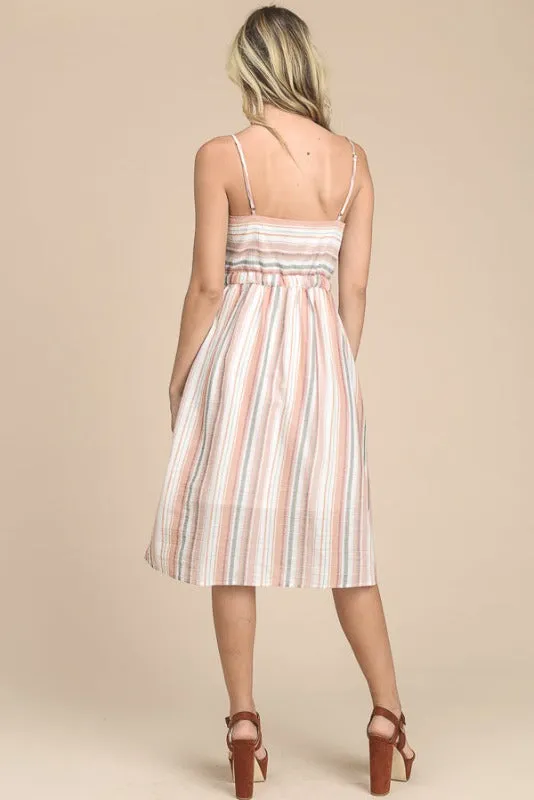 Doe & Rae Striped Strappy Knee Length Dress - Salmon