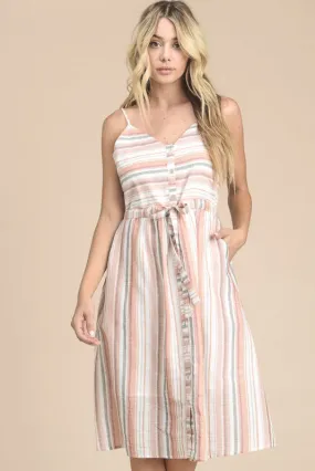 Doe & Rae Striped Strappy Knee Length Dress - Salmon