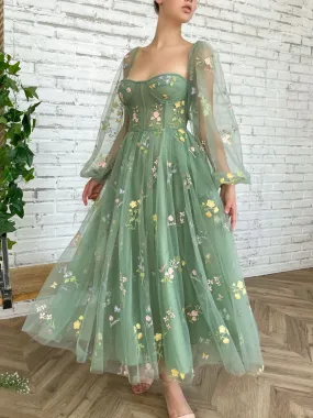 Elegant Long Sleeves Tulle Tea Length Puffy Green Prom Dress, Green Bridesmaid Dresses