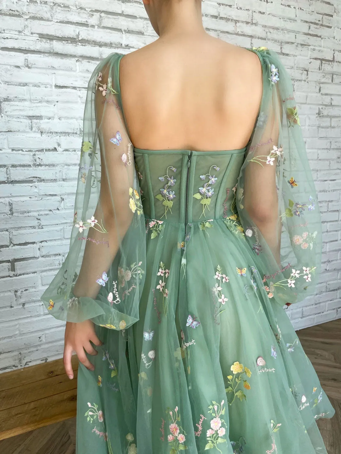 Elegant Long Sleeves Tulle Tea Length Puffy Green Prom Dress, Green Bridesmaid Dresses