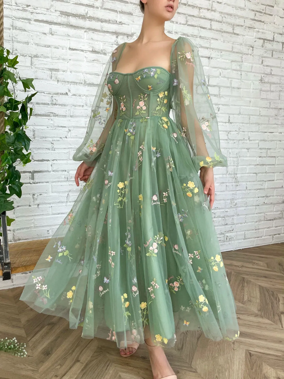 Elegant Long Sleeves Tulle Tea Length Puffy Green Prom Dress, Green Bridesmaid Dresses