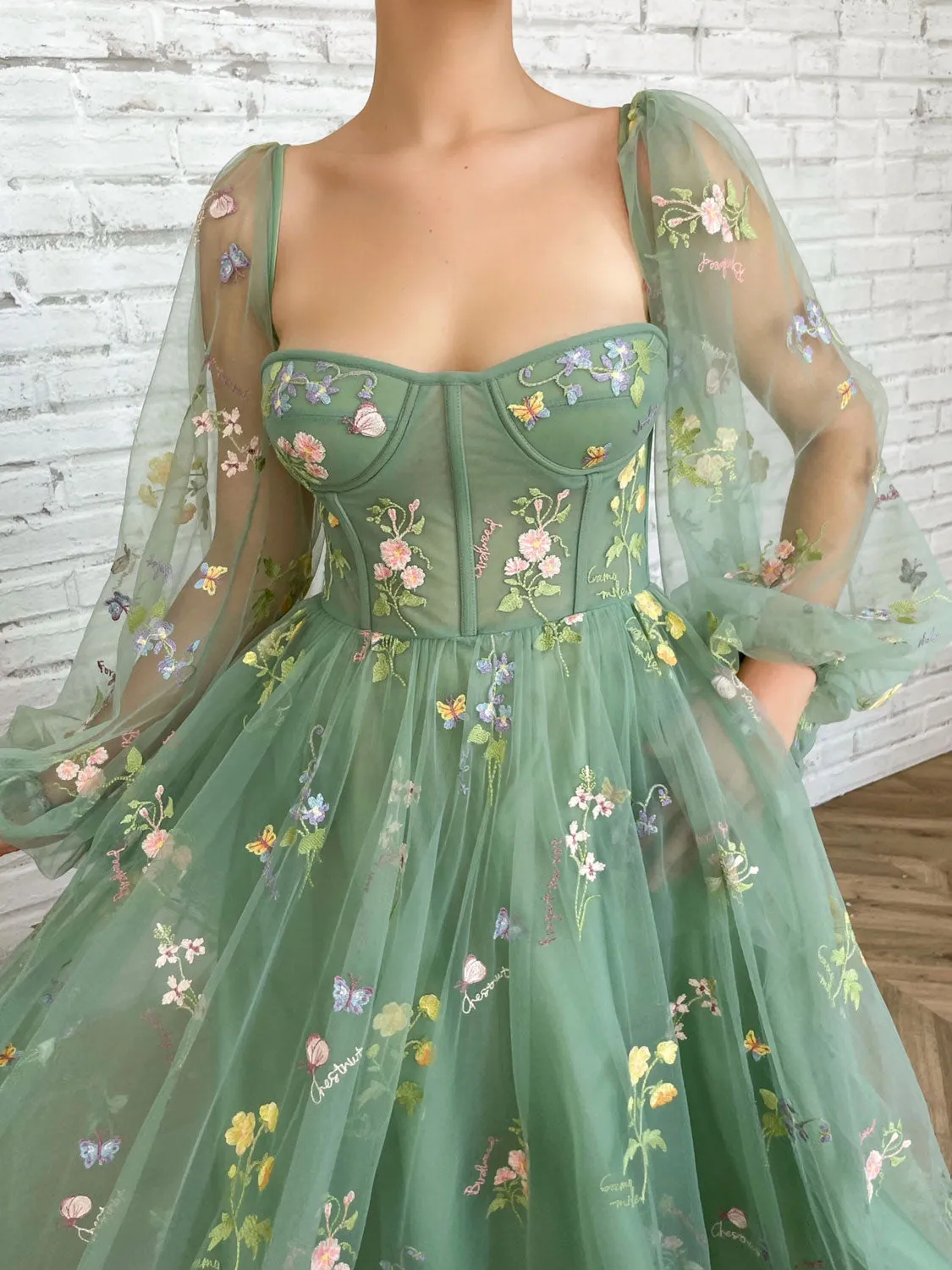 Elegant Long Sleeves Tulle Tea Length Puffy Green Prom Dress, Green Bridesmaid Dresses