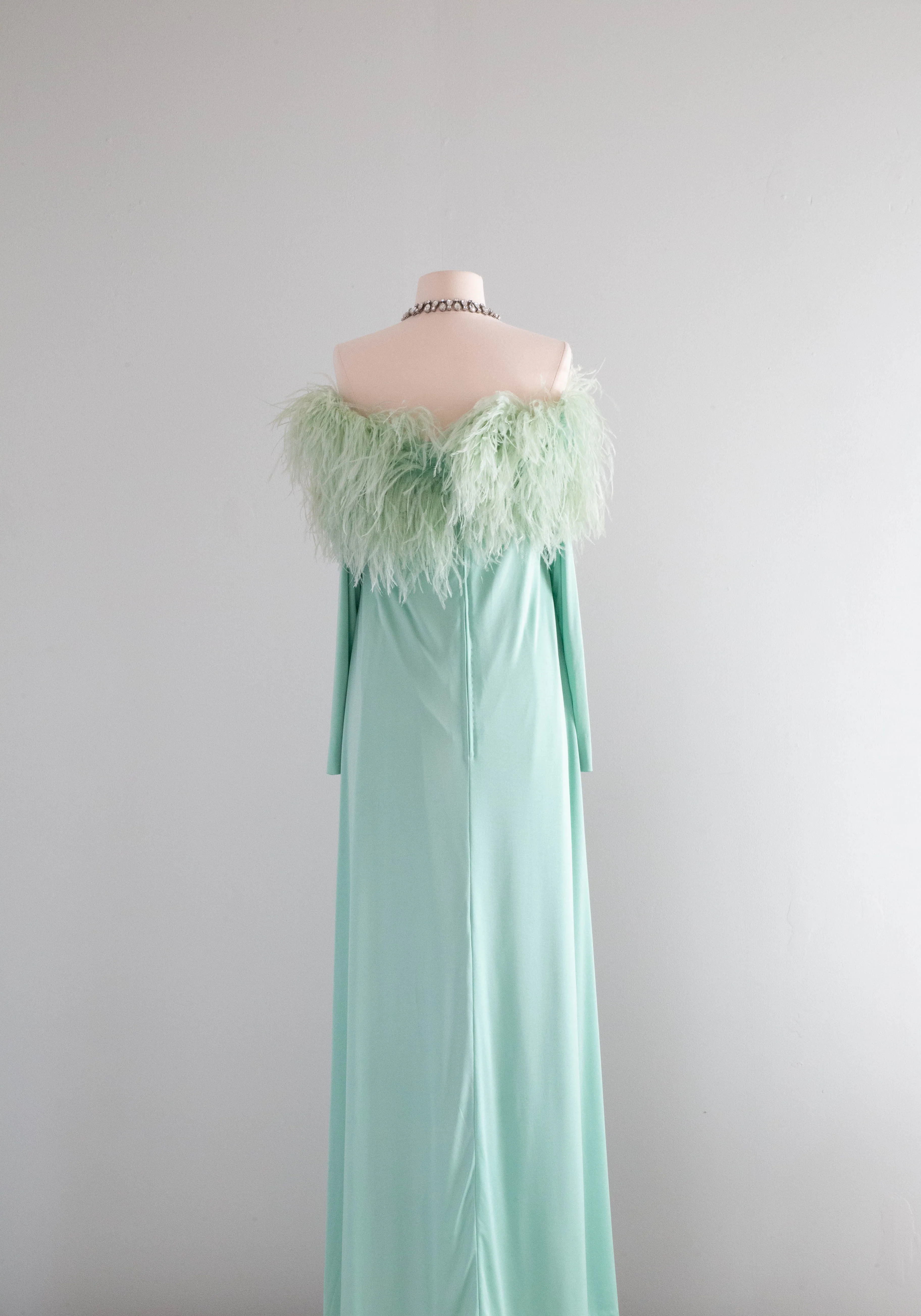 Fabulous Late 1960's Mint Daiquiri Ostrich Feather Trimmed Evening Gown / Med.