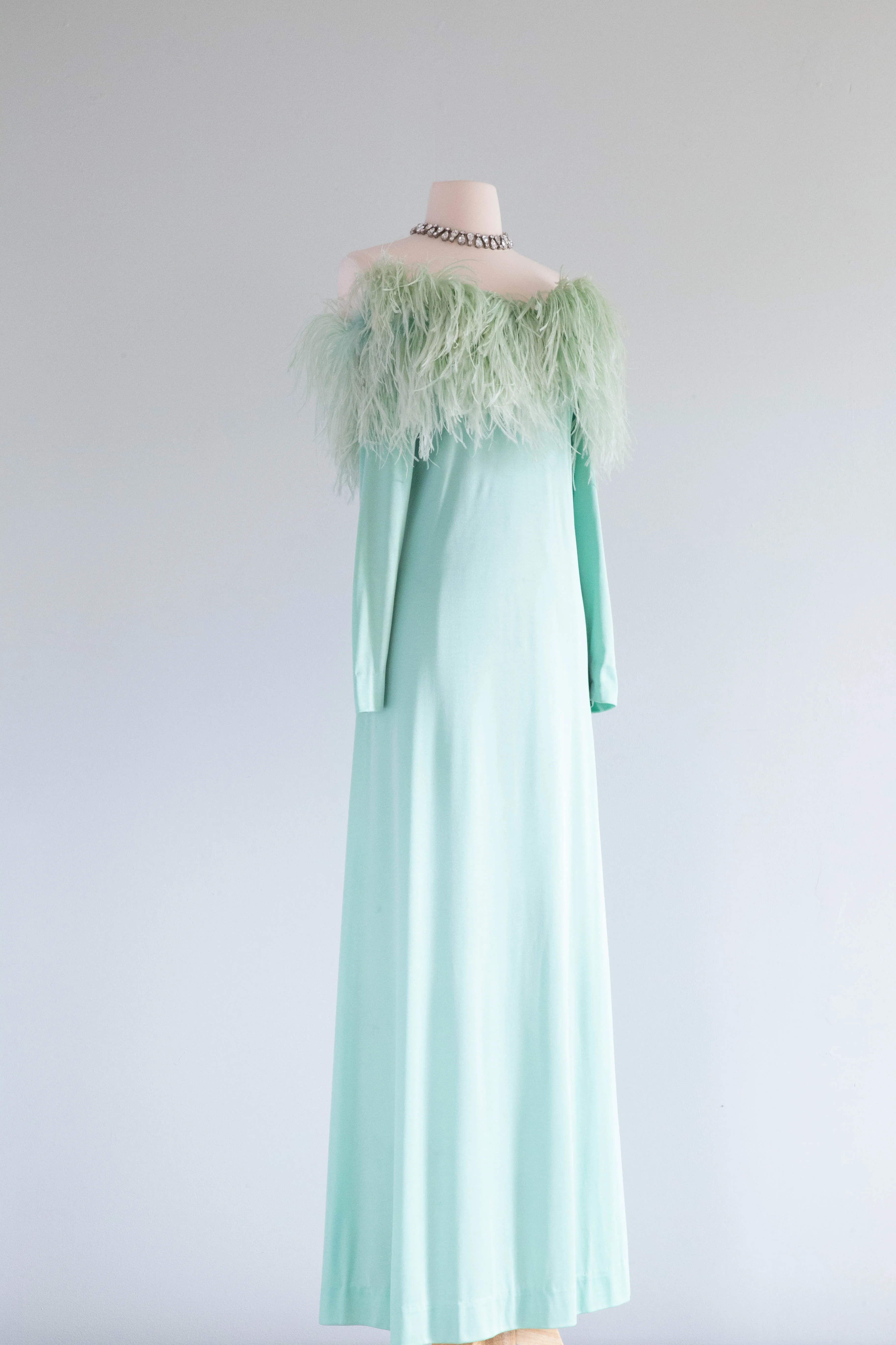 Fabulous Late 1960's Mint Daiquiri Ostrich Feather Trimmed Evening Gown / Med.
