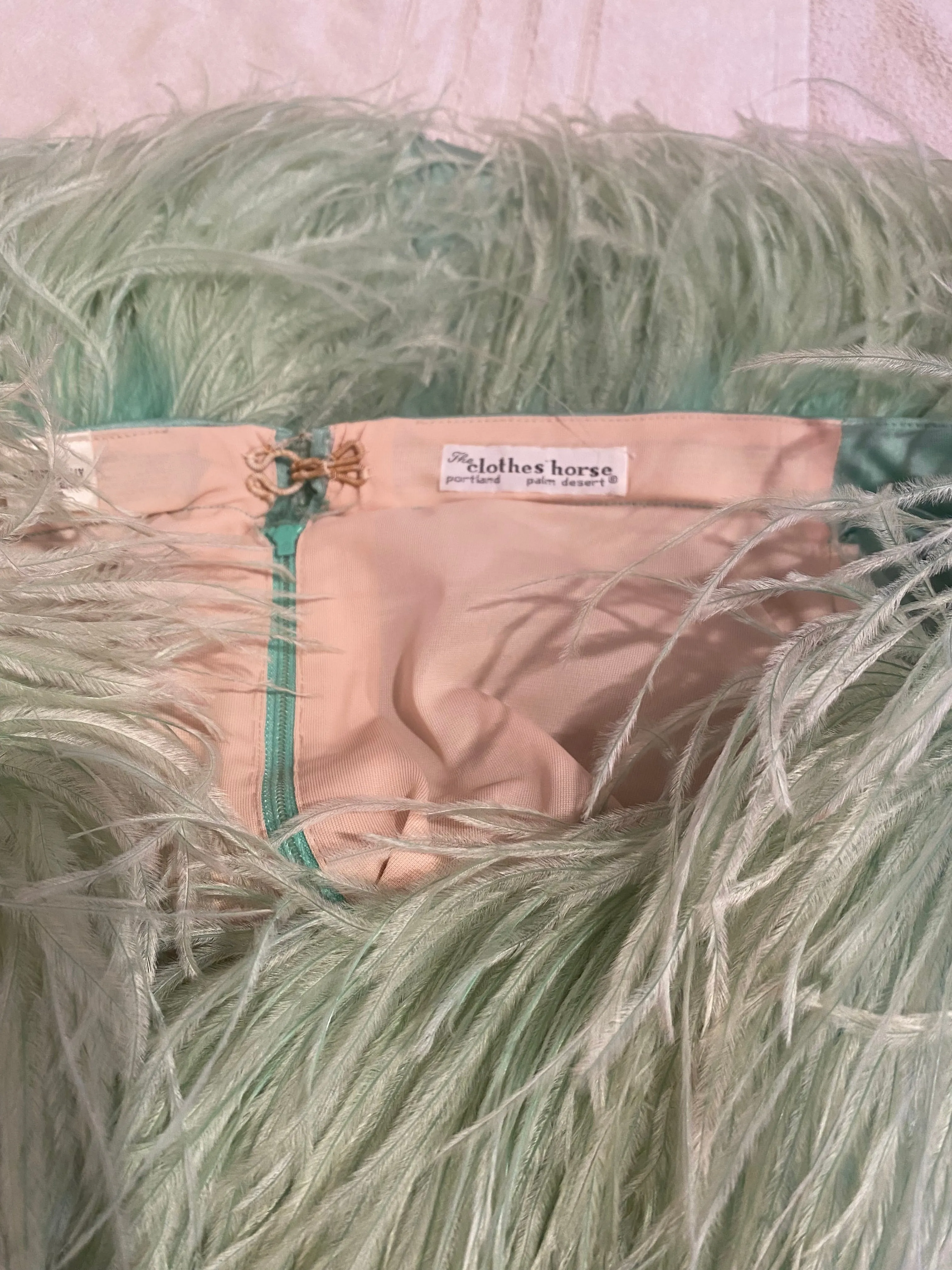 Fabulous Late 1960's Mint Daiquiri Ostrich Feather Trimmed Evening Gown / Med.