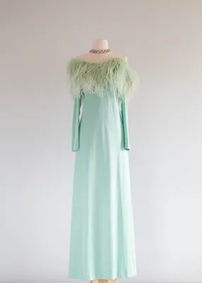 Fabulous Late 1960's Mint Daiquiri Ostrich Feather Trimmed Evening Gown / Med.