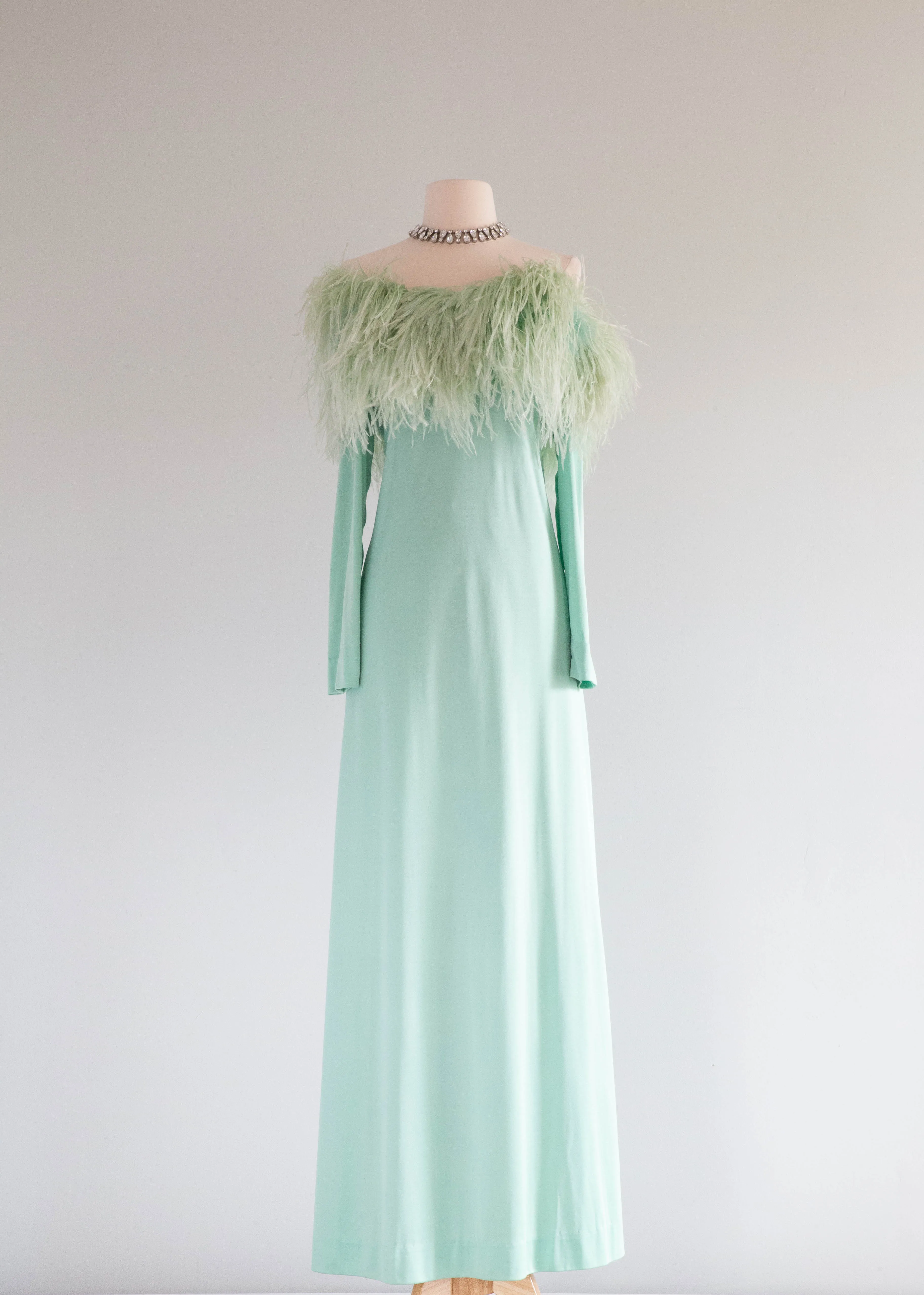 Fabulous Late 1960's Mint Daiquiri Ostrich Feather Trimmed Evening Gown / Med.