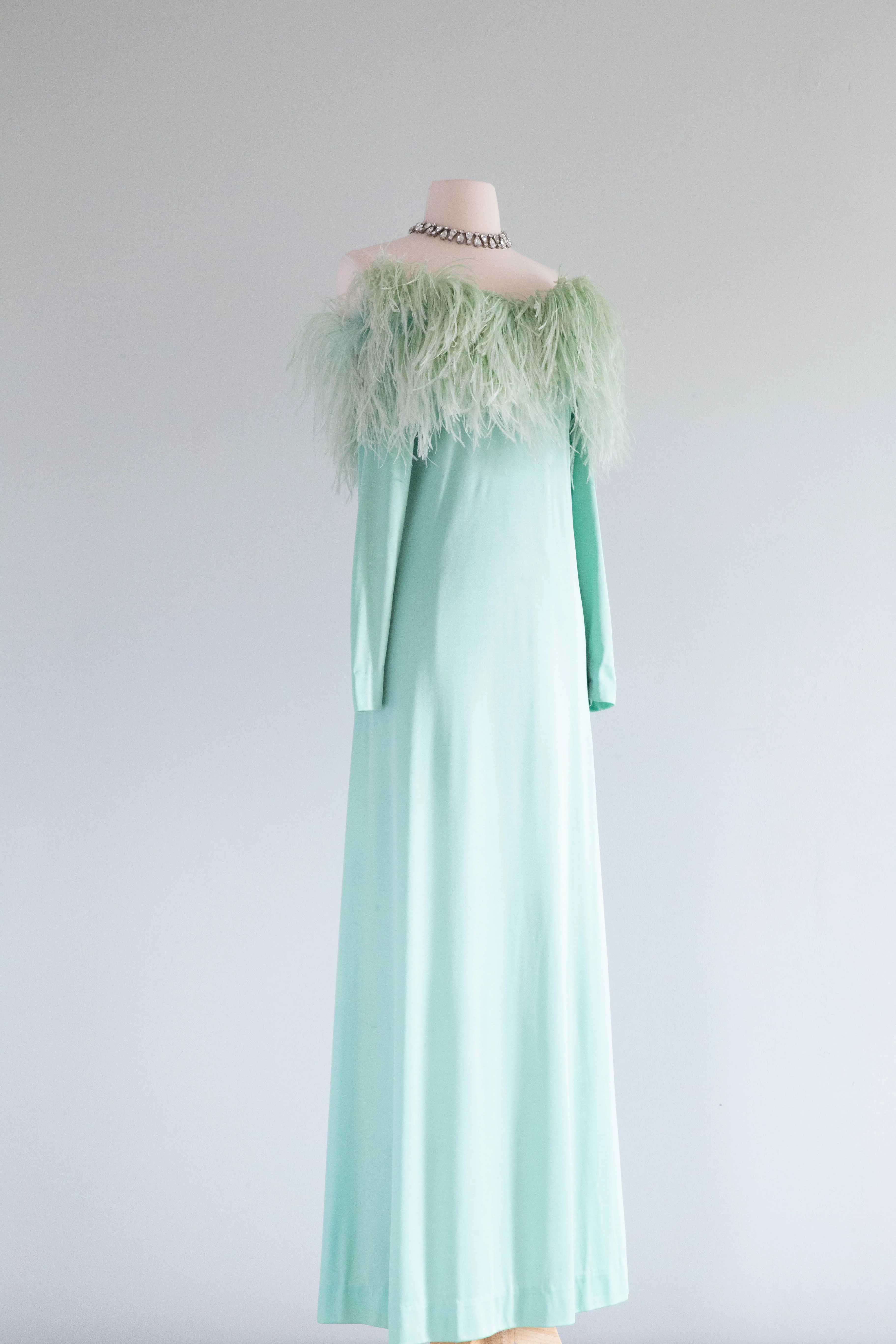 Fabulous Late 1960's Mint Daiquiri Ostrich Feather Trimmed Evening Gown / Med.