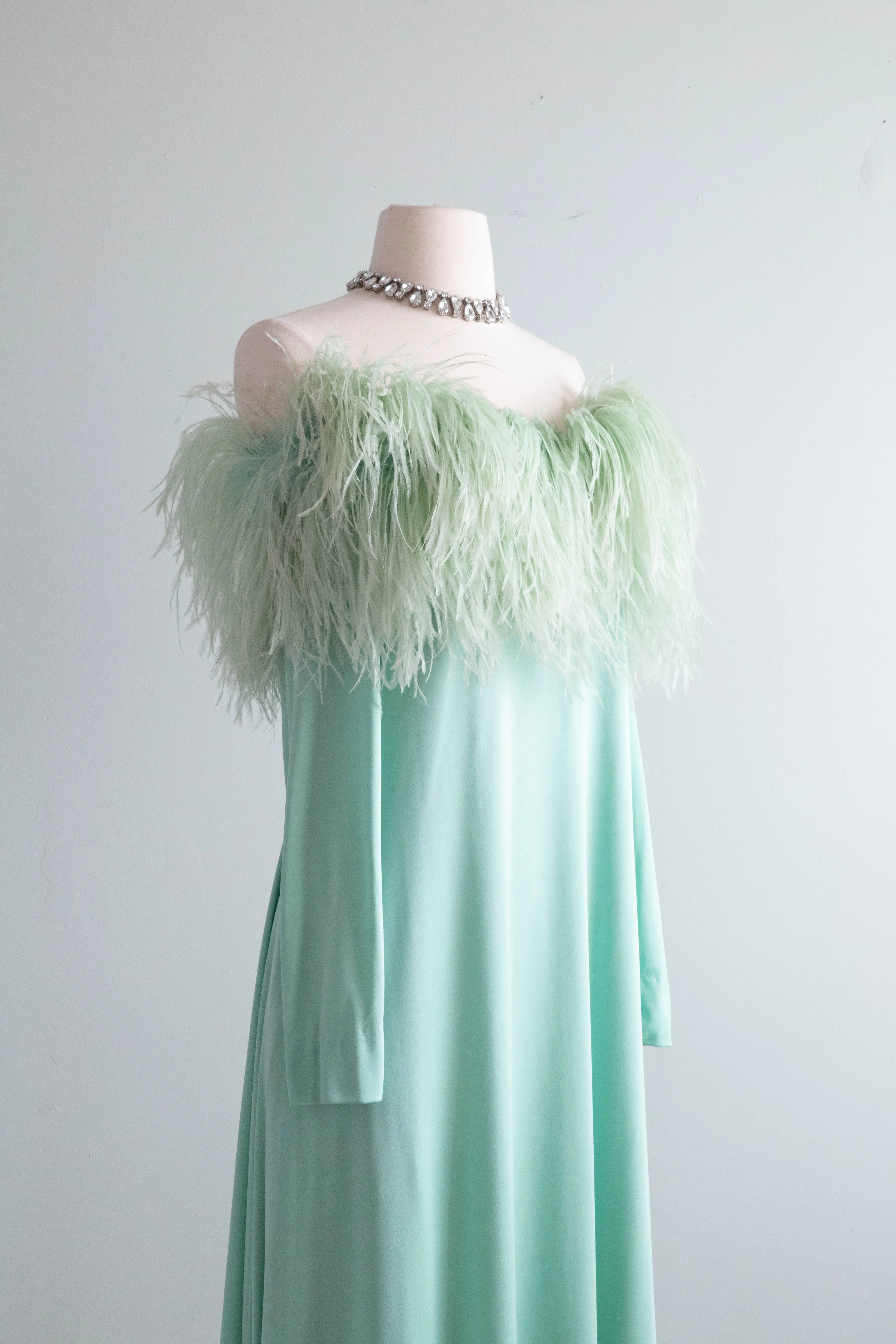 Fabulous Late 1960's Mint Daiquiri Ostrich Feather Trimmed Evening Gown / Med.
