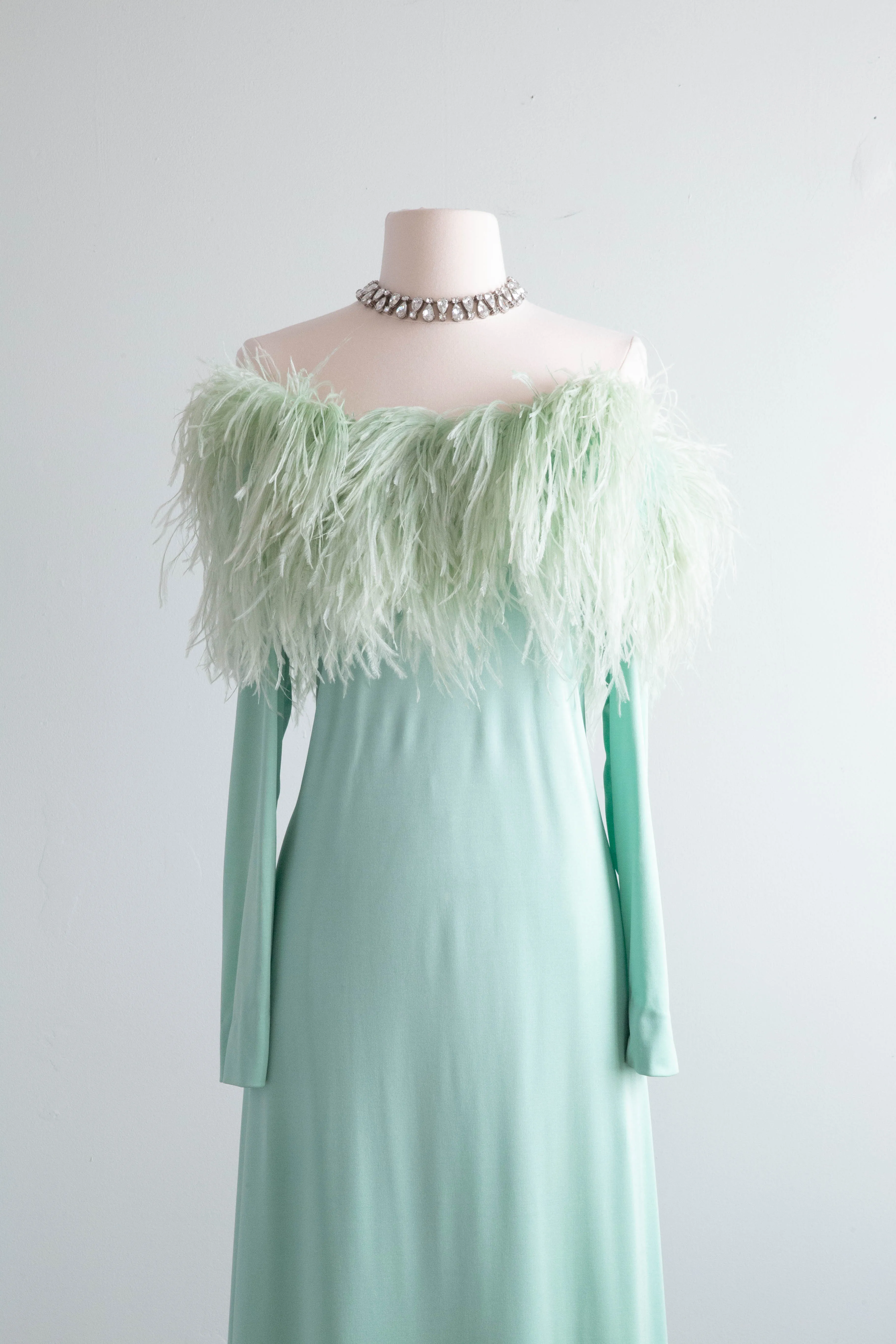 Fabulous Late 1960's Mint Daiquiri Ostrich Feather Trimmed Evening Gown / Med.