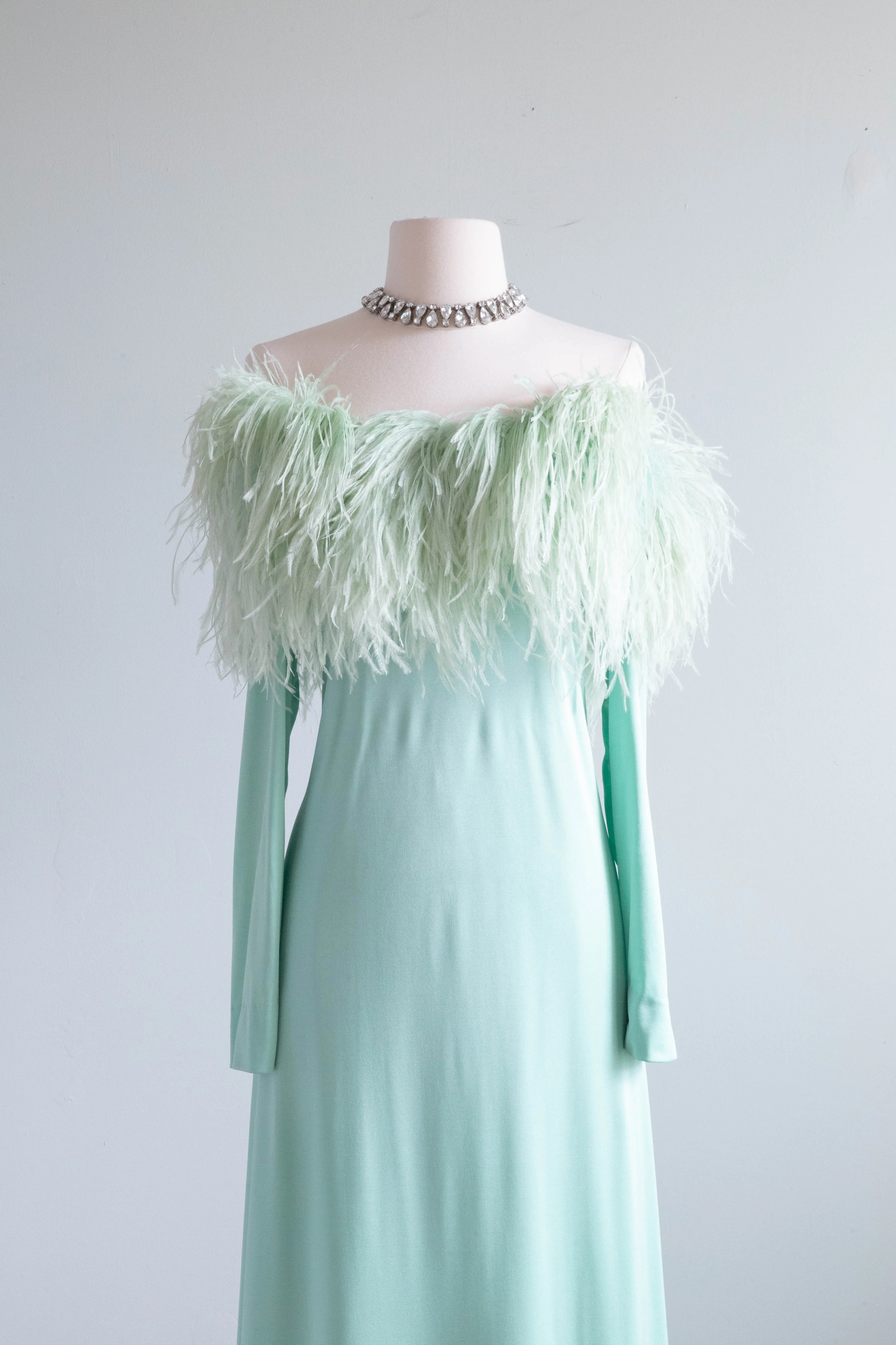 Fabulous Late 1960's Mint Daiquiri Ostrich Feather Trimmed Evening Gown / Med.