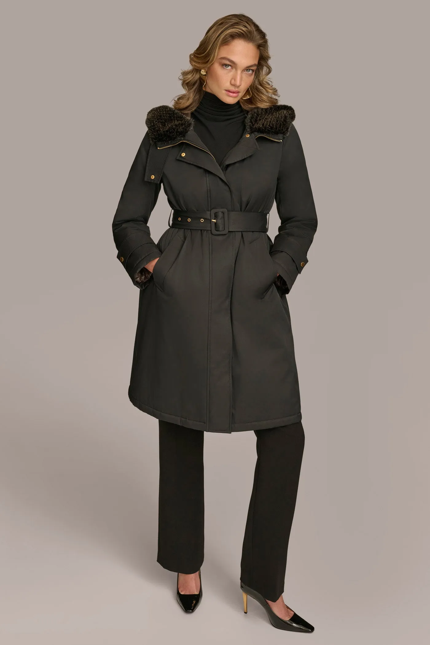 FAUX FUR TRIM LINED RAIN COAT