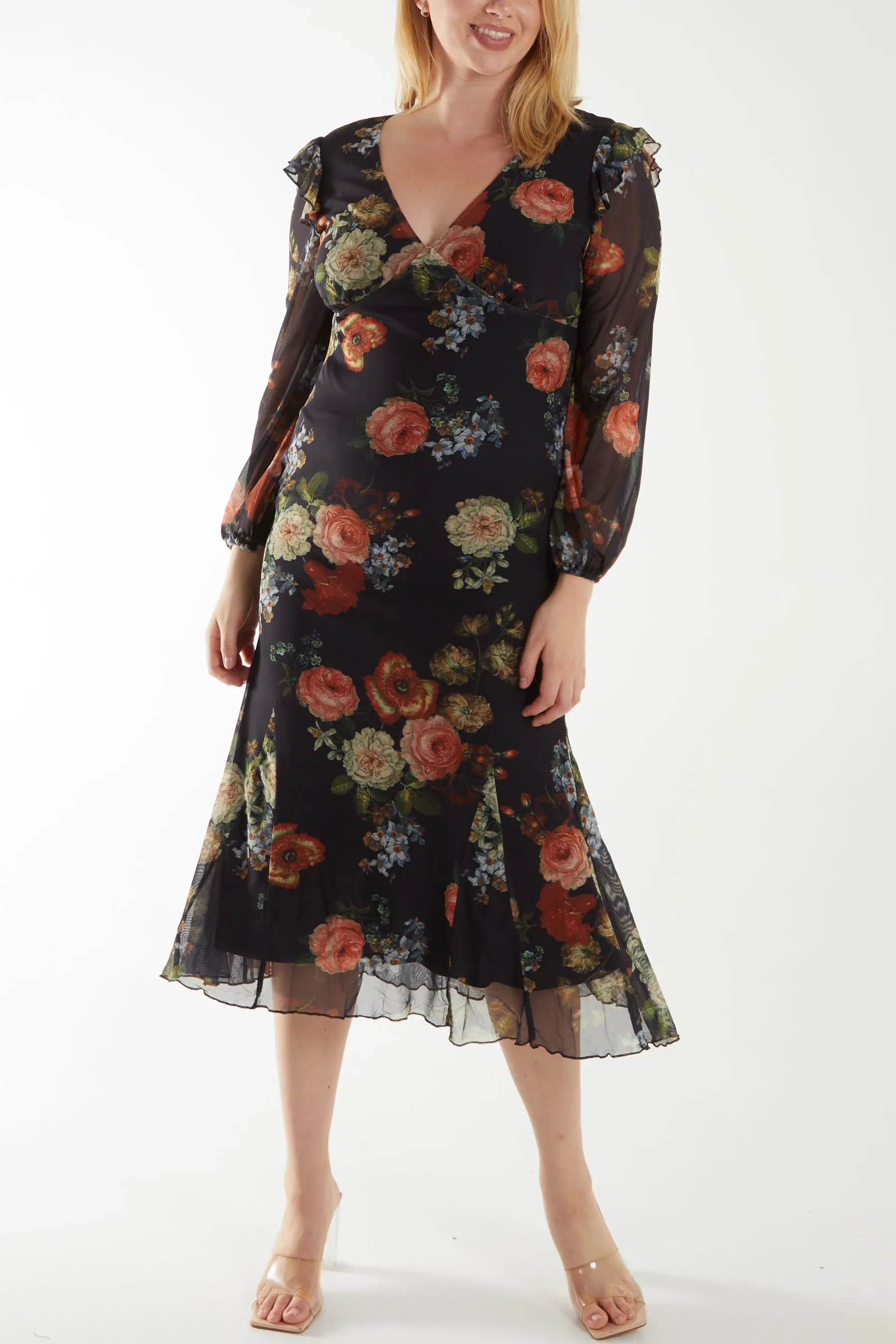 Floral Godet Hem Frill Midi Dress