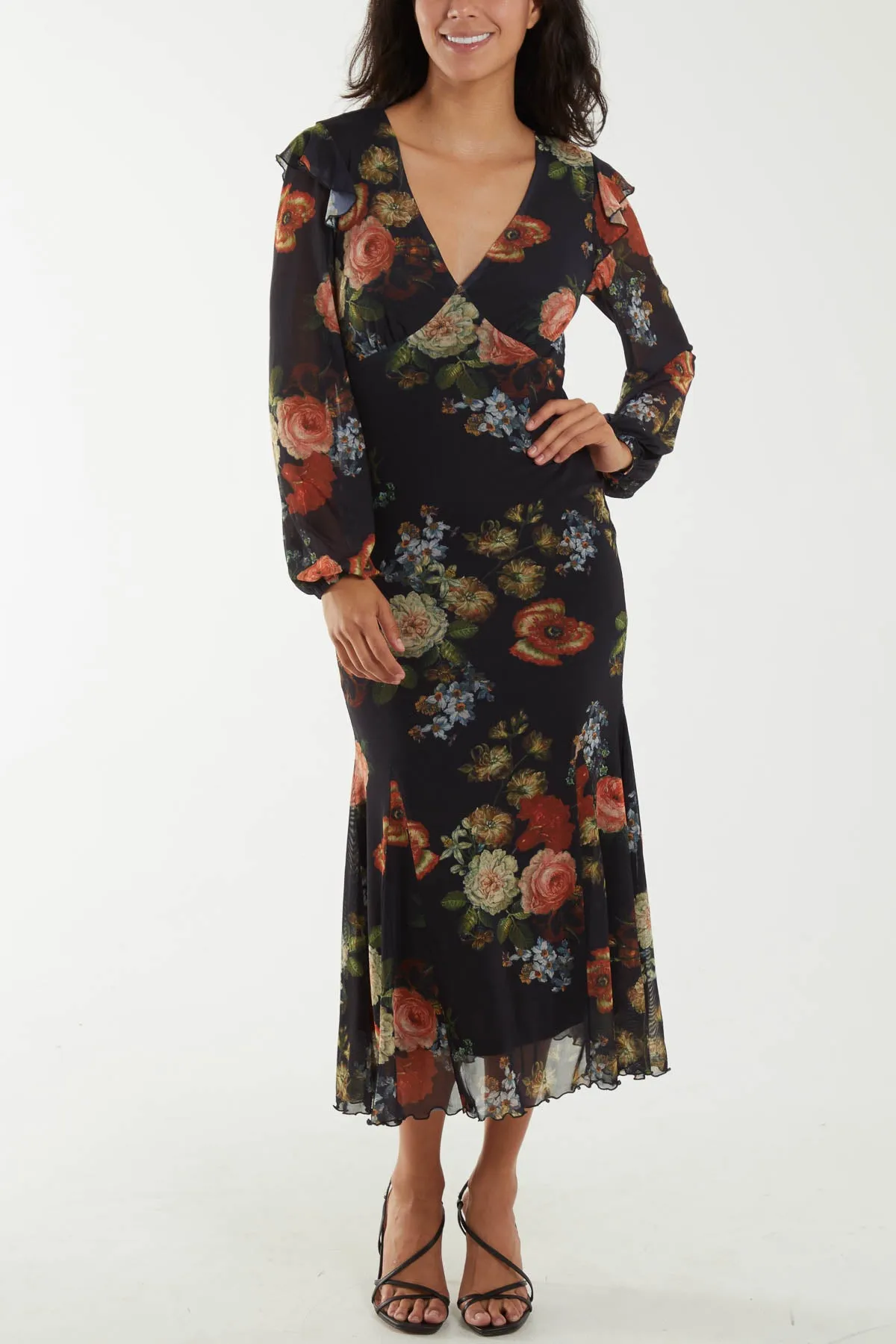 Floral Godet Hem Frill Midi Dress