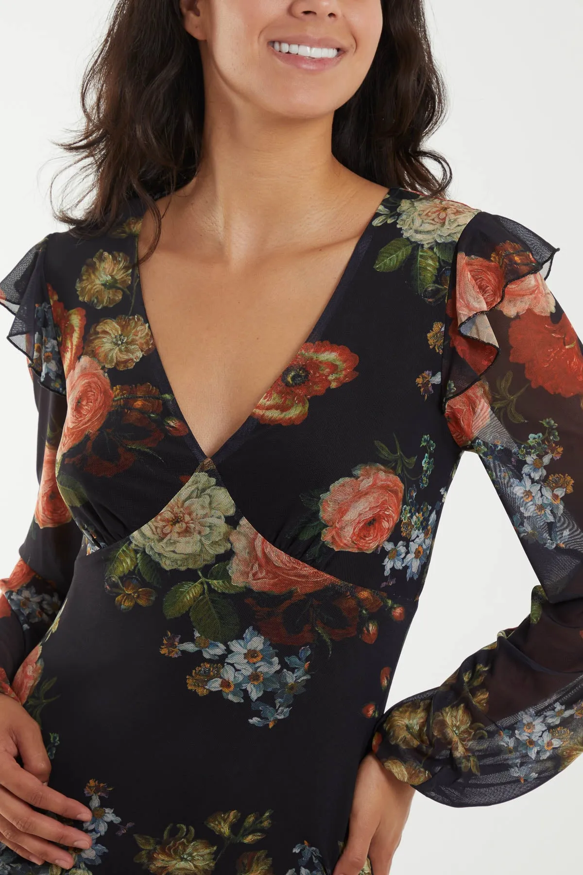 Floral Godet Hem Frill Midi Dress