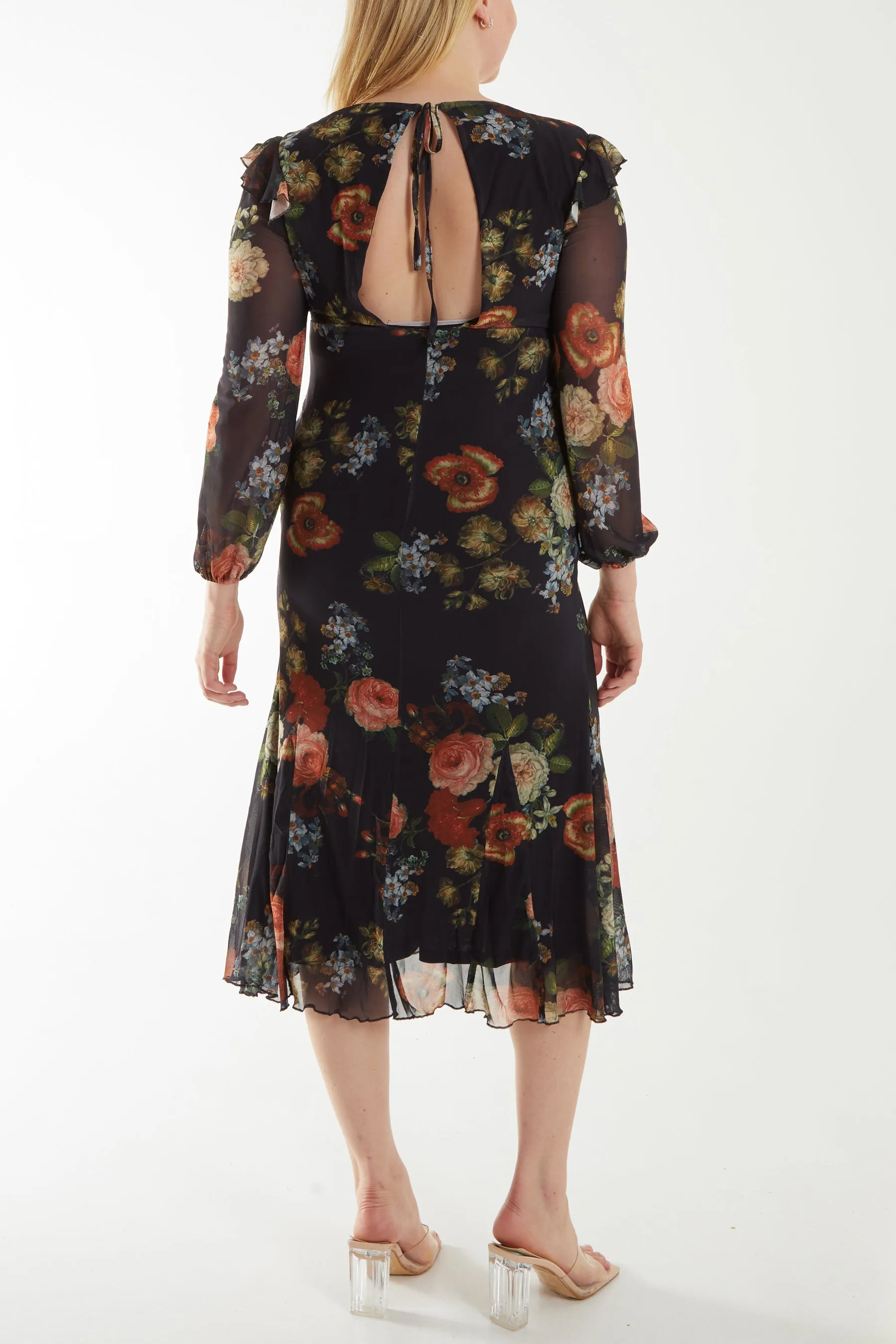 Floral Godet Hem Frill Midi Dress