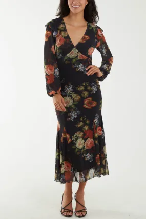Floral Godet Hem Frill Midi Dress