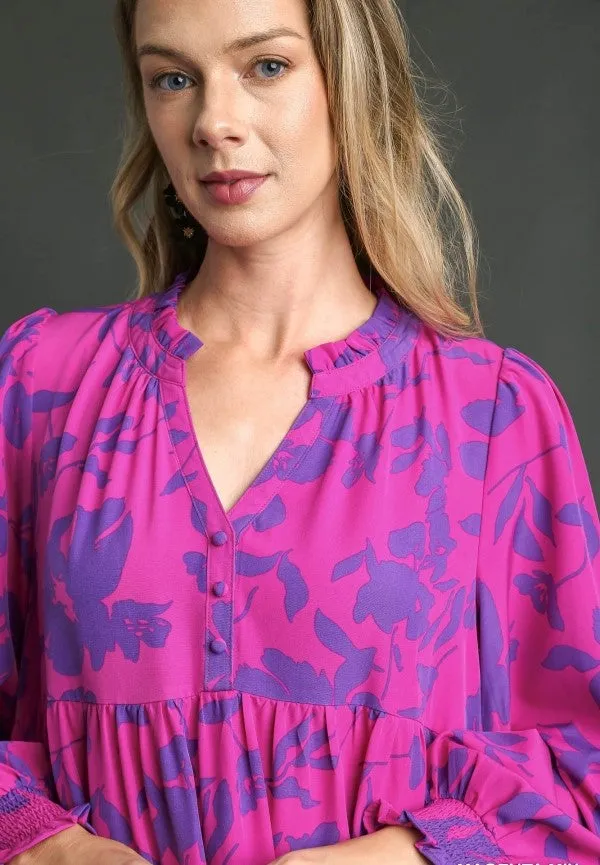 Floral Print Midi Dress, Magenta