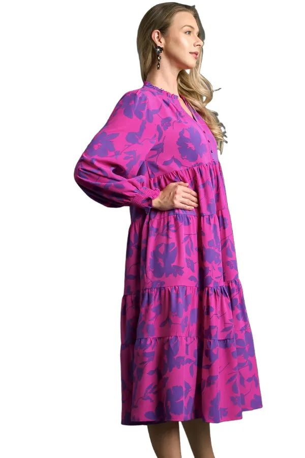 Floral Print Midi Dress, Magenta