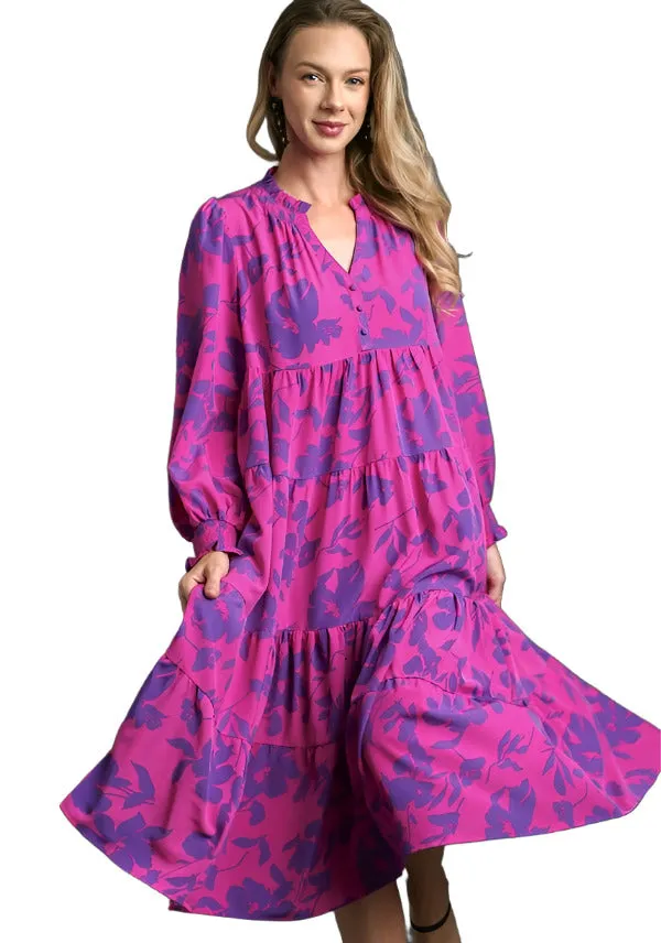 Floral Print Midi Dress, Magenta