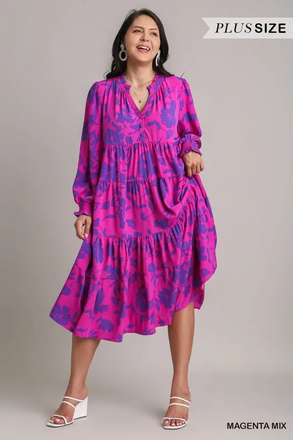 Floral Print Midi Dress, Magenta