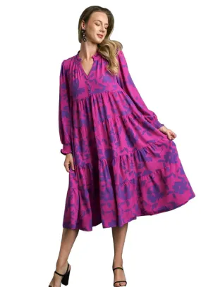 Floral Print Midi Dress, Magenta
